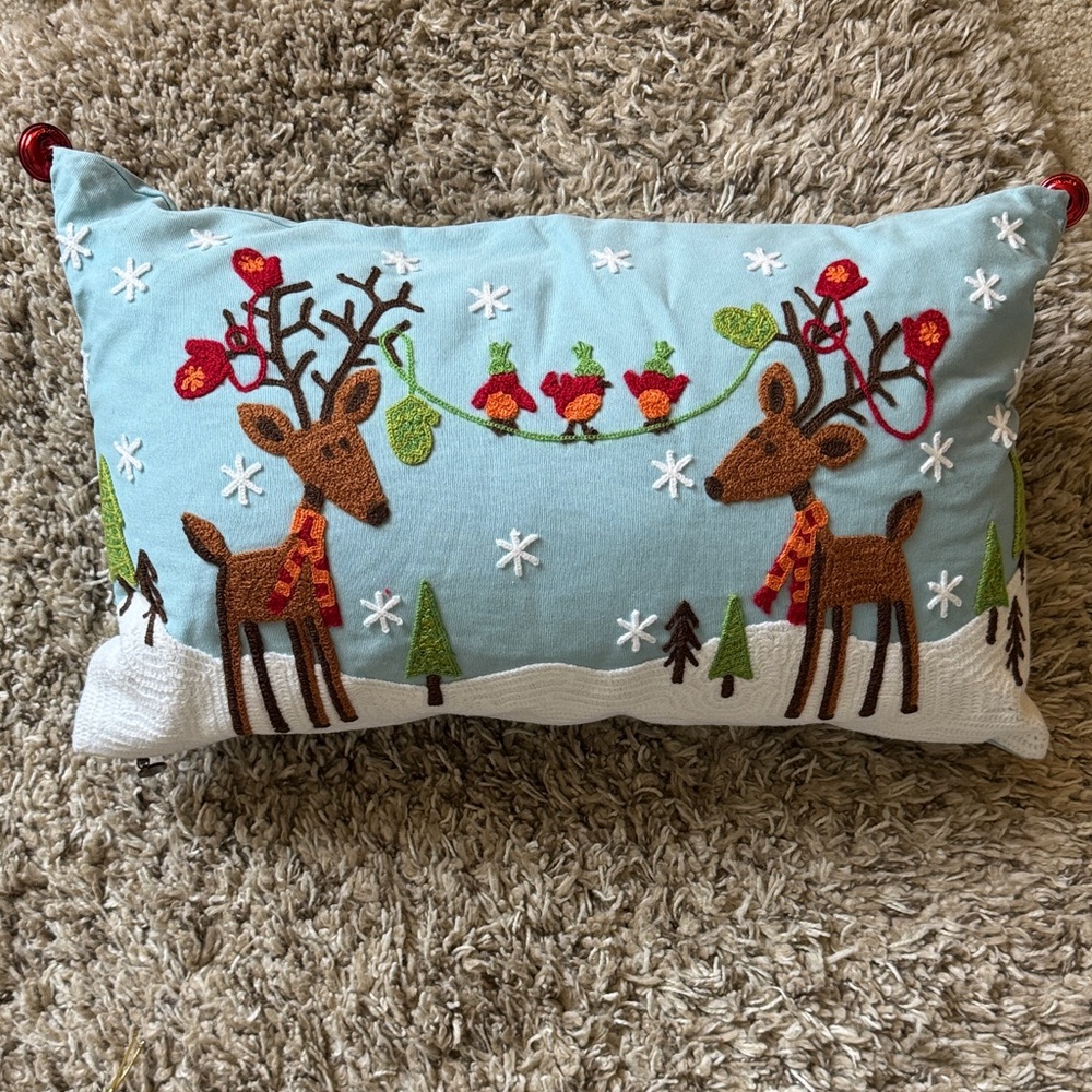 Pier 1 Festive Reindeer Holiday Pillow - Blue and Red